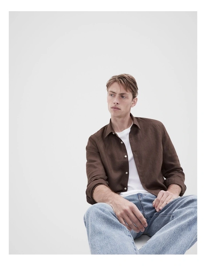 Linen Regular Fit Shirt in Brown image 4