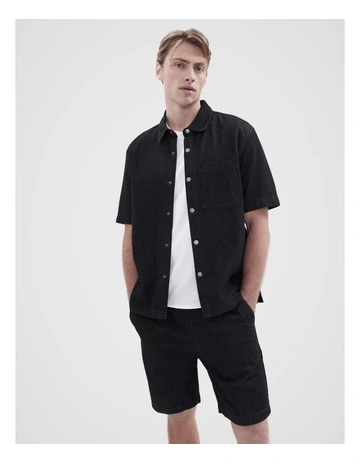 Oversized Denim Short Sleeve Shirt in Black