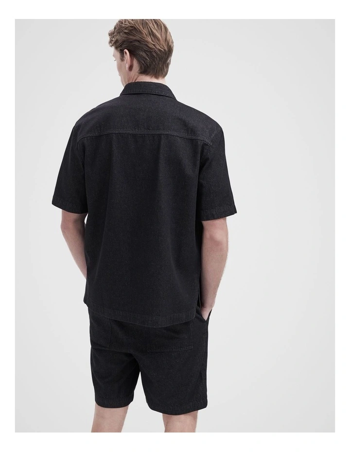 Oversized Denim Short Sleeve Shirt in Black image 2