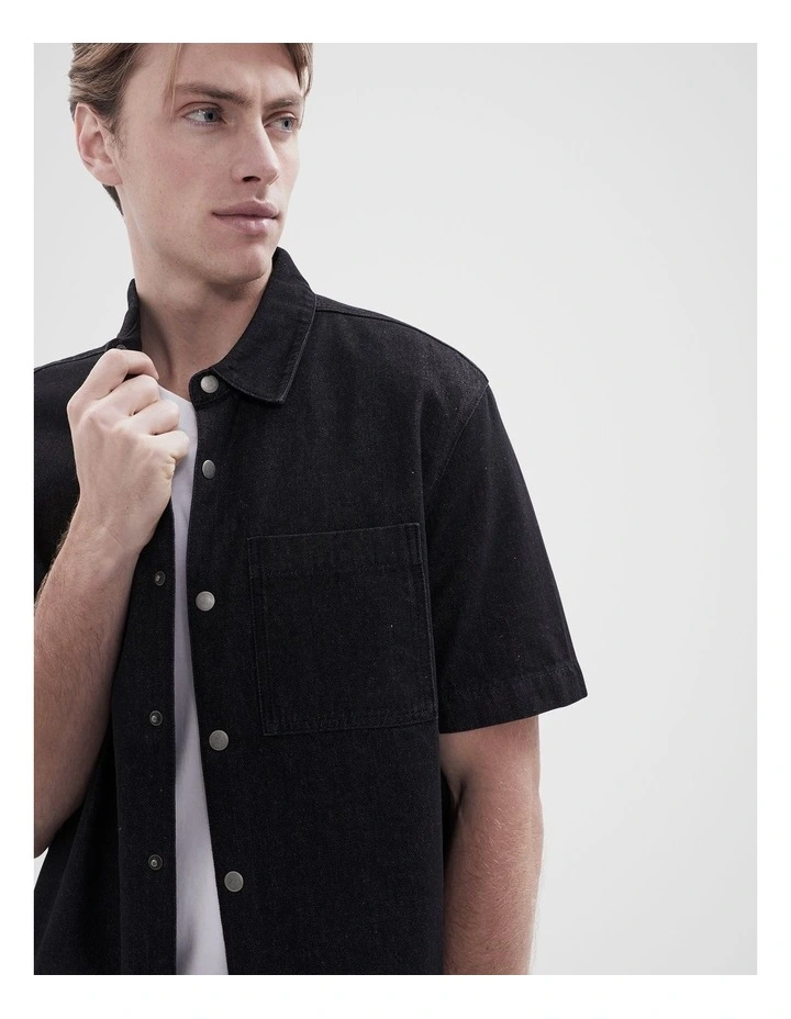 Oversized Denim Short Sleeve Shirt in Black image 3