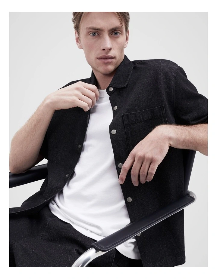 Oversized Denim Short Sleeve Shirt in Black image 4