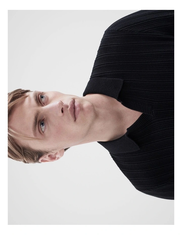 Vertical Stitch Knit Polo in Black image 3