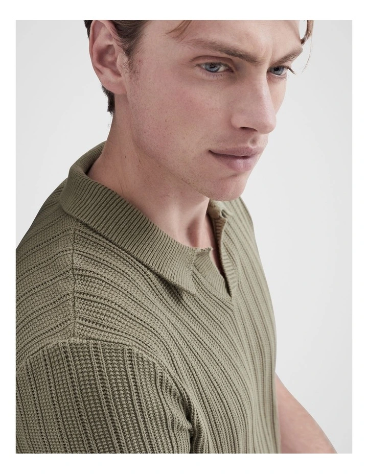 Vertical Stitch Knit Polo in Green image 3