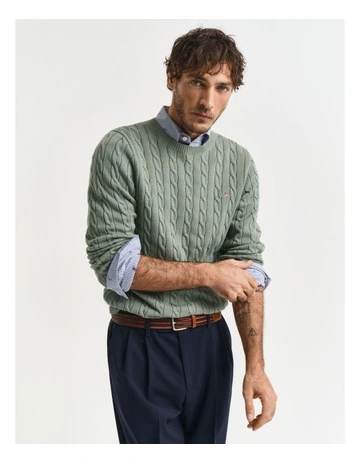Cotton Cable Crew Neck Knit in Kalamata Green