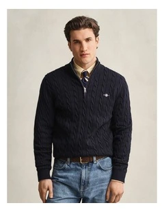 Cotton Cable Half-Zip Knit in Evening Blue