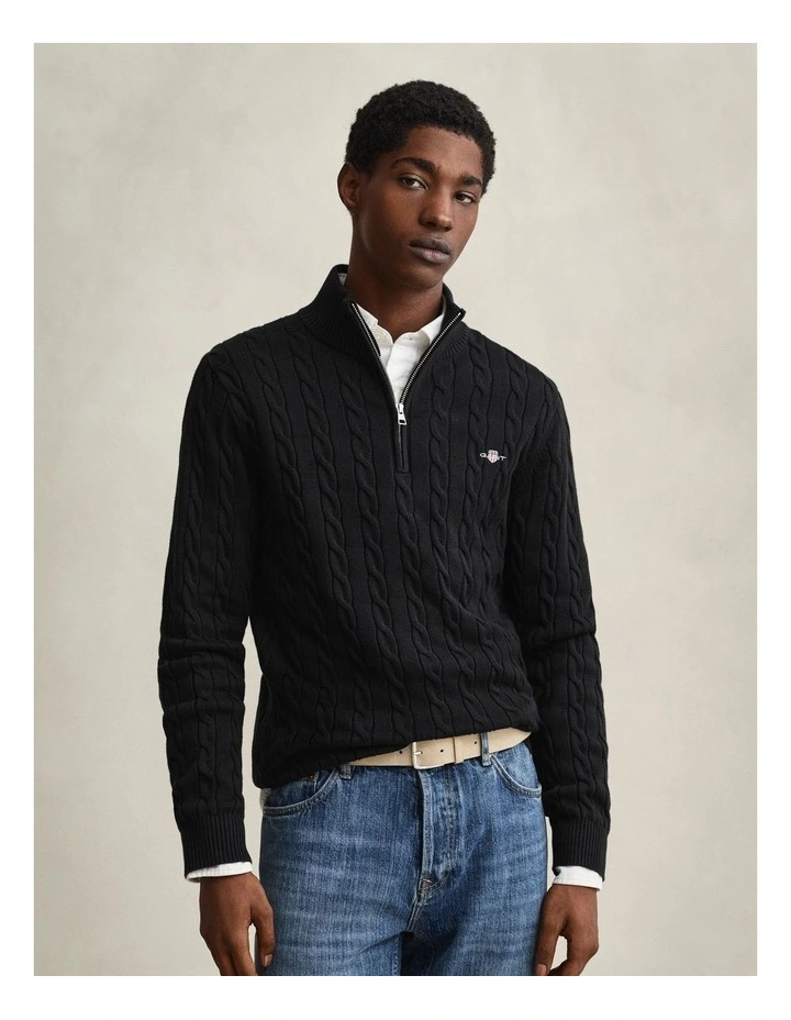 Cotton Cable Half-Zip Knit in Black image 1