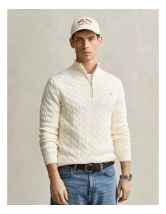 Cotton Cable Half-Zip Knit in Cream