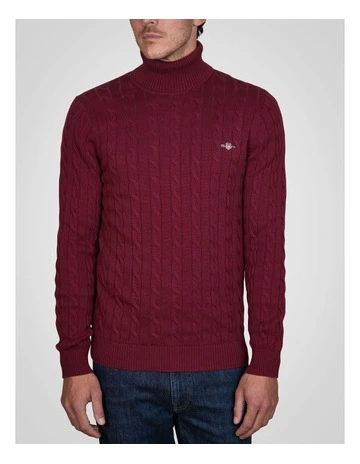 Cotton Cable Turtleneck Knit in Wine Red