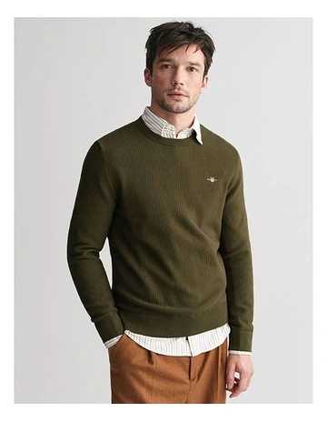 Micro Textured Cotton Crew Neck Knit in Juniper Green
