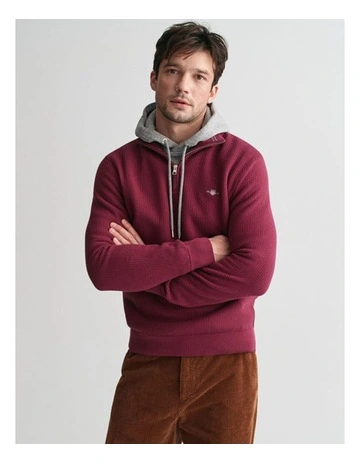 Micro Textured Cotton Half-Zip Knit in Wine Red