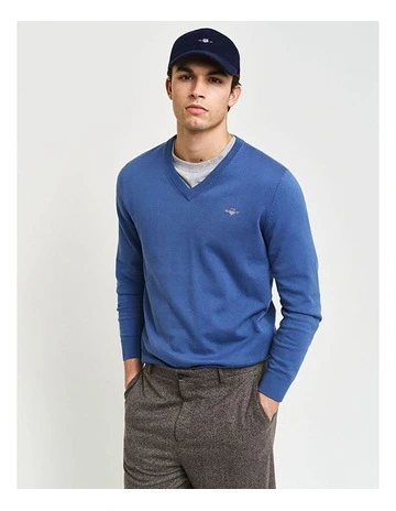Classic Cotton V-Neck Knit in Vintage Blue