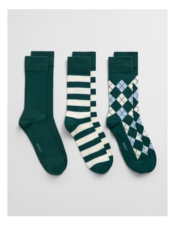 Argyle And Striped Socks 3-Pack in Deep Forest