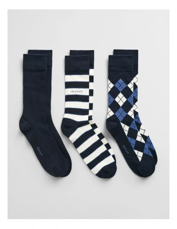 Argyle And Striped Socks 3-Pack in Marine