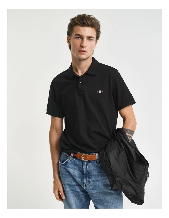Regular Fit Shield Piqu Polo Shirt in Black image 1