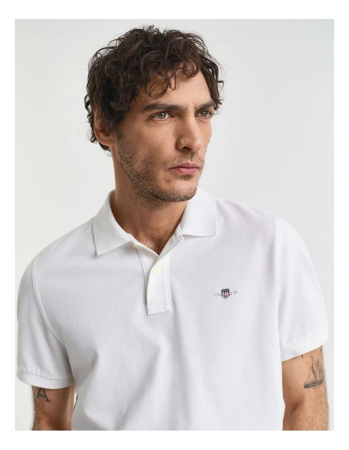 Regular Fit Shield Pique Polo Shirt in White image 4