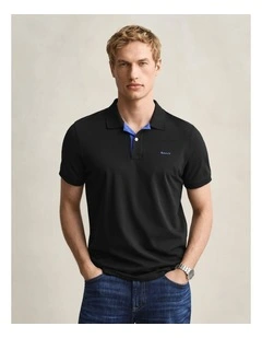 Contrast Pique Polo Shirt in Black