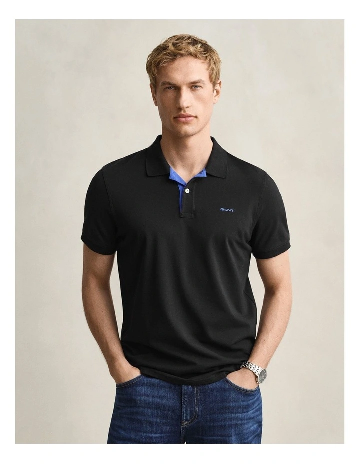 Contrast Pique Polo Shirt in Black image 1