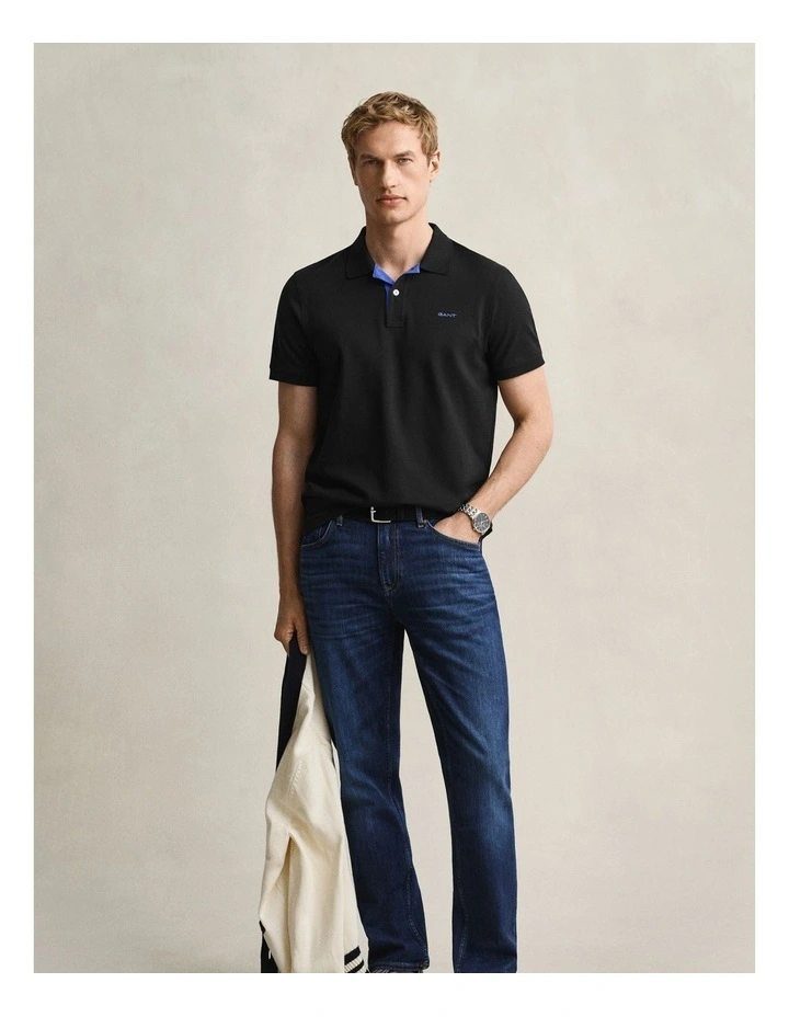 Contrast Pique Polo Shirt in Black image 3