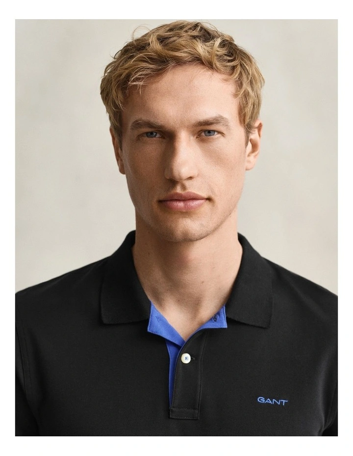 Contrast Pique Polo Shirt in Black image 4