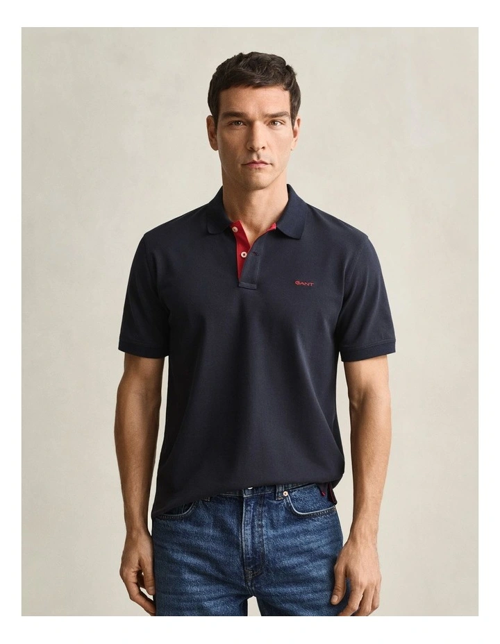 Contrast Pique Polo Shirt in Evening Blue image 1