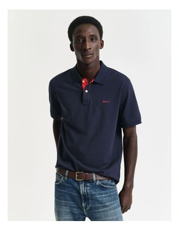 Contrast Pique Polo Shirt in Evening Blue