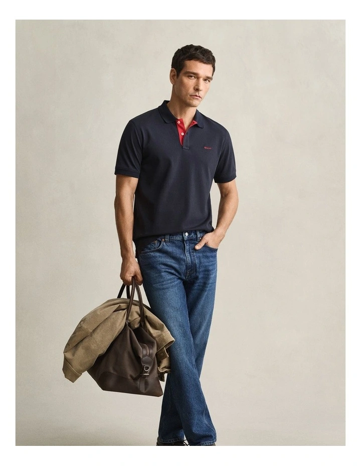 Contrast Pique Polo Shirt in Evening Blue image 3