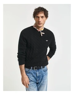 Cotton Cable Knit Crew Neck Sweater in Black