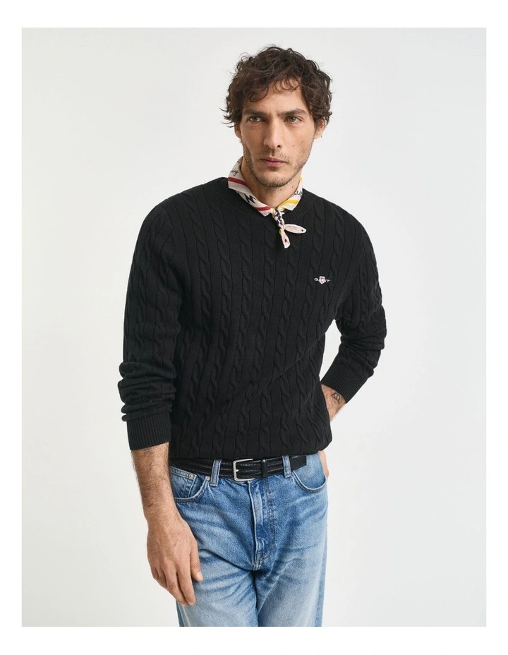 Cotton Cable Knit Crew Neck Sweater in Black image 1