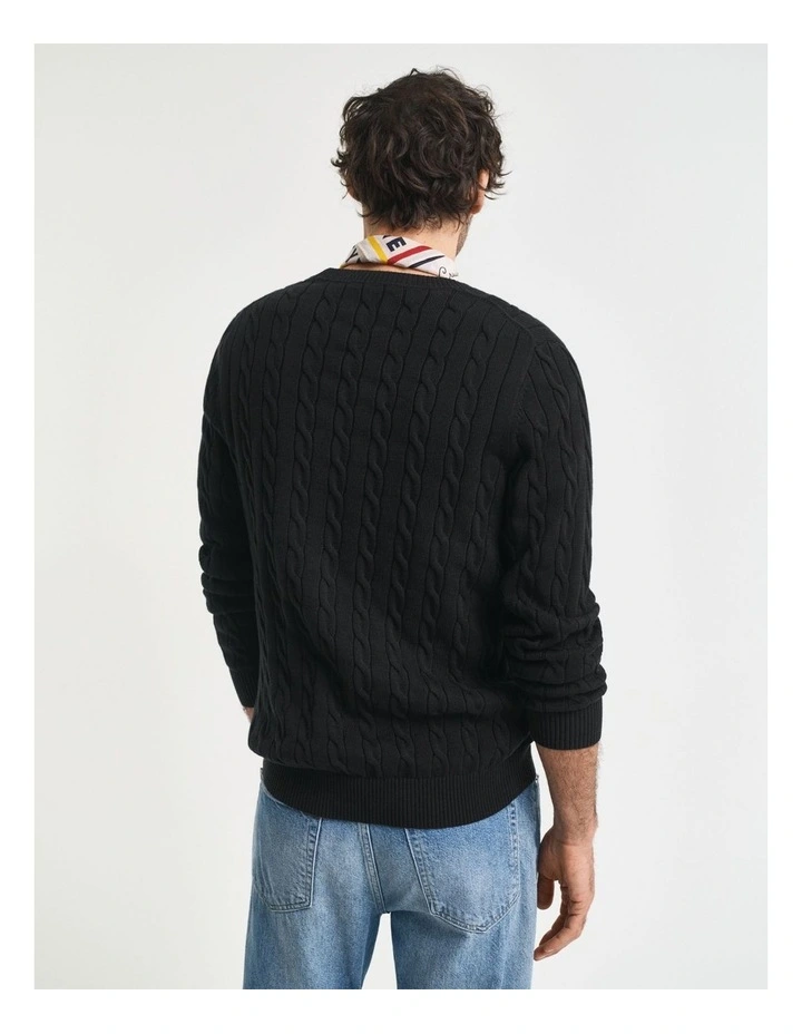 Cotton Cable Knit Crew Neck Sweater in Black image 2