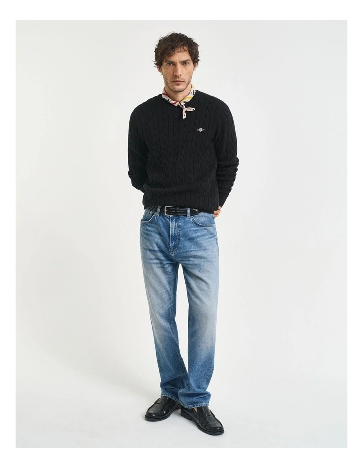 Cotton Cable Knit Crew Neck Sweater in Black image 3