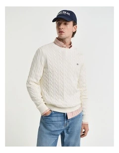 Cotton Cable Knit Crew Neck Sweater in Cream