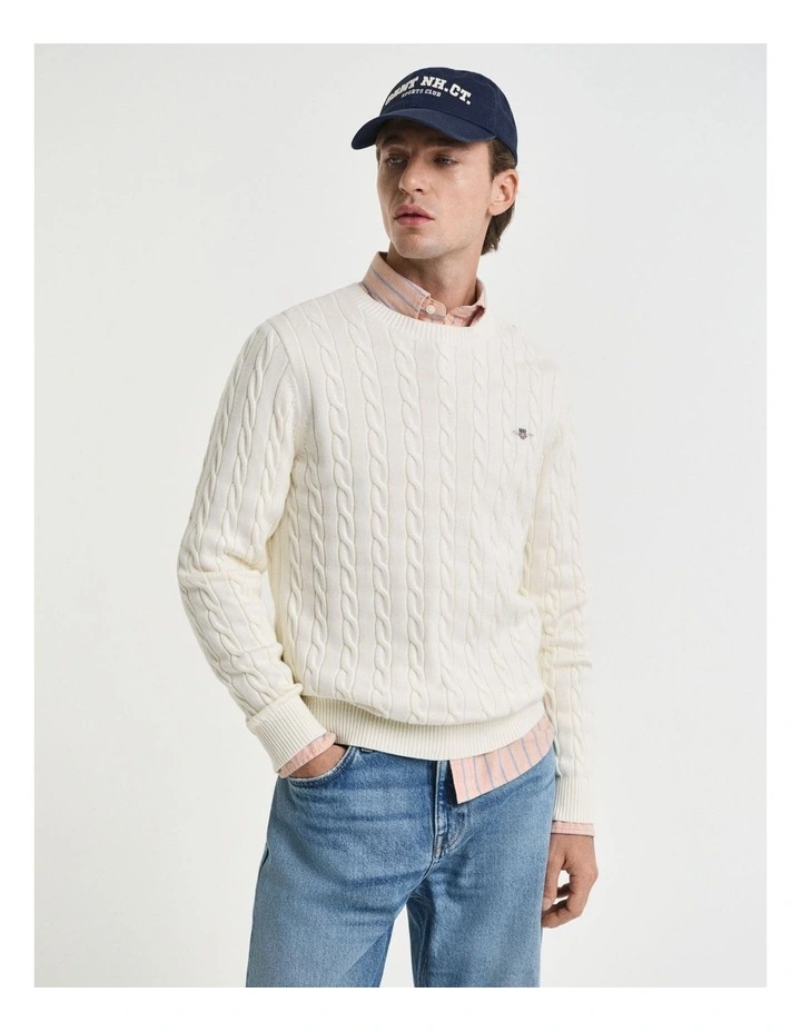 Cotton Cable Knit Crew Neck Sweater in Cream image 1