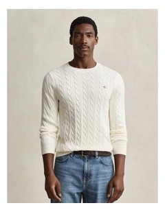 Cotton Cable Knit Crew Neck Sweater in Cream