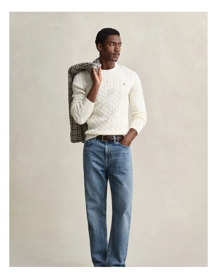 Cotton Cable Knit Crew Neck Sweater in Cream image 3