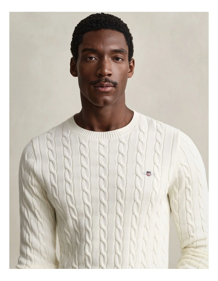 Cotton Cable Knit Crew Neck Sweater in Cream image 4