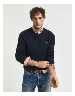 Cotton Cable Knit Crew Neck Sweater in Evening Blue