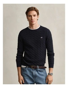 Cotton Cable Knit Crew Neck Sweater in Evening Blue