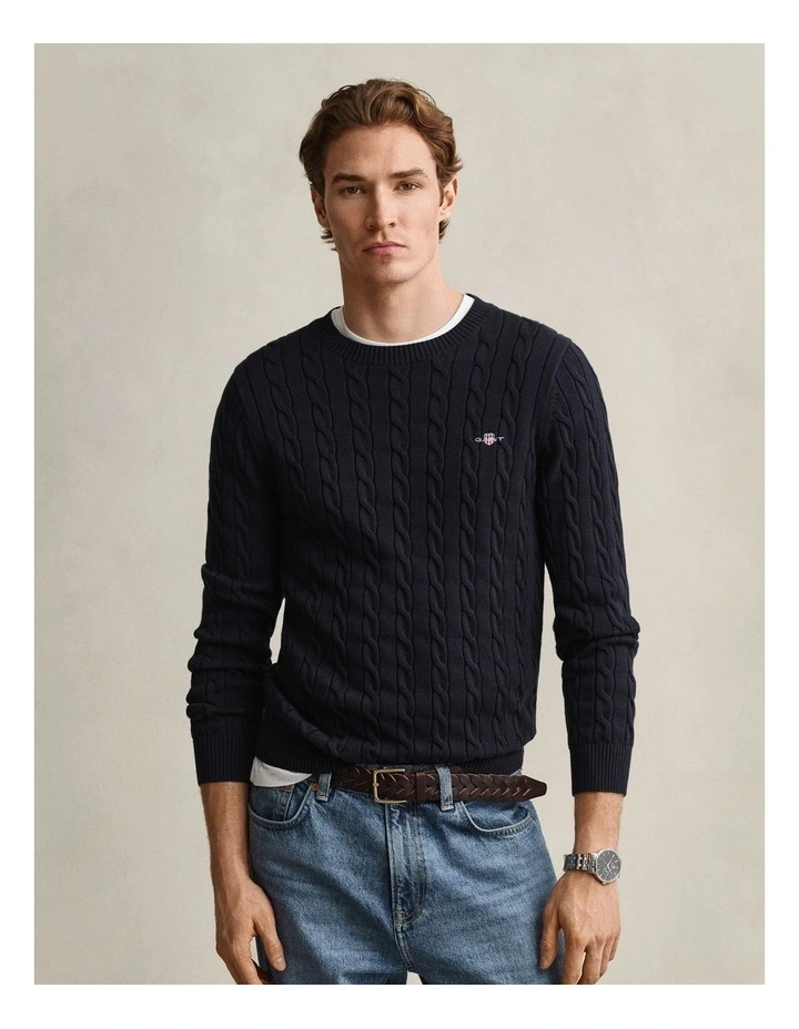 Cotton Cable Knit Crew Neck Sweater in Evening Blue image 1