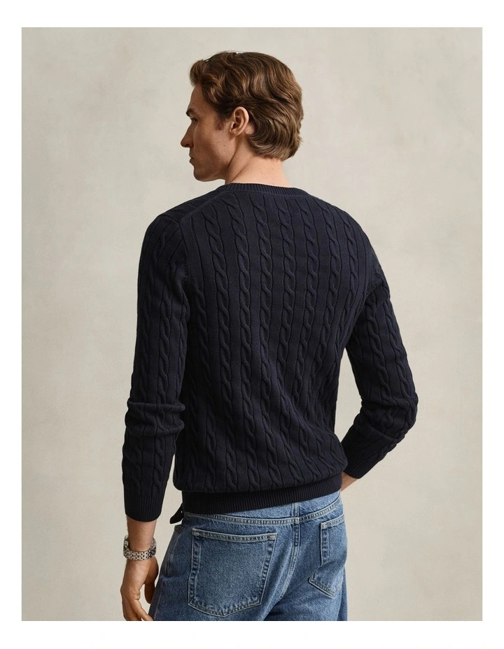Cotton Cable Knit Crew Neck Sweater in Evening Blue image 2