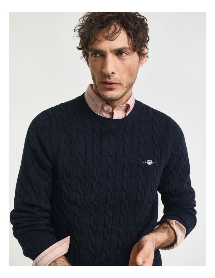 Cotton Cable Knit Crew Neck Sweater in Evening Blue image 3