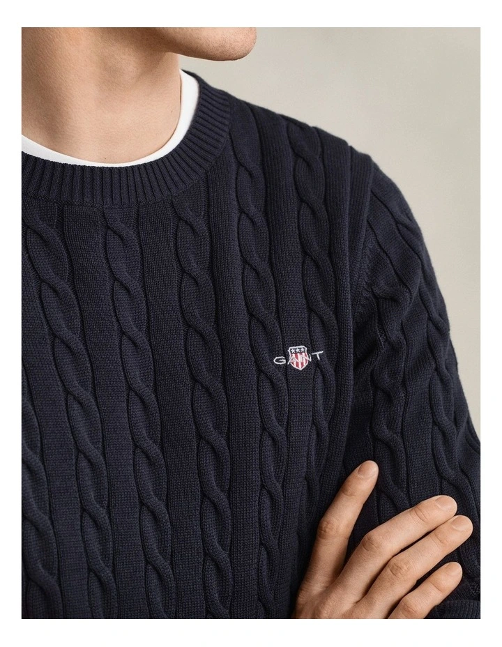 Cotton Cable Knit Crew Neck Sweater in Evening Blue image 3