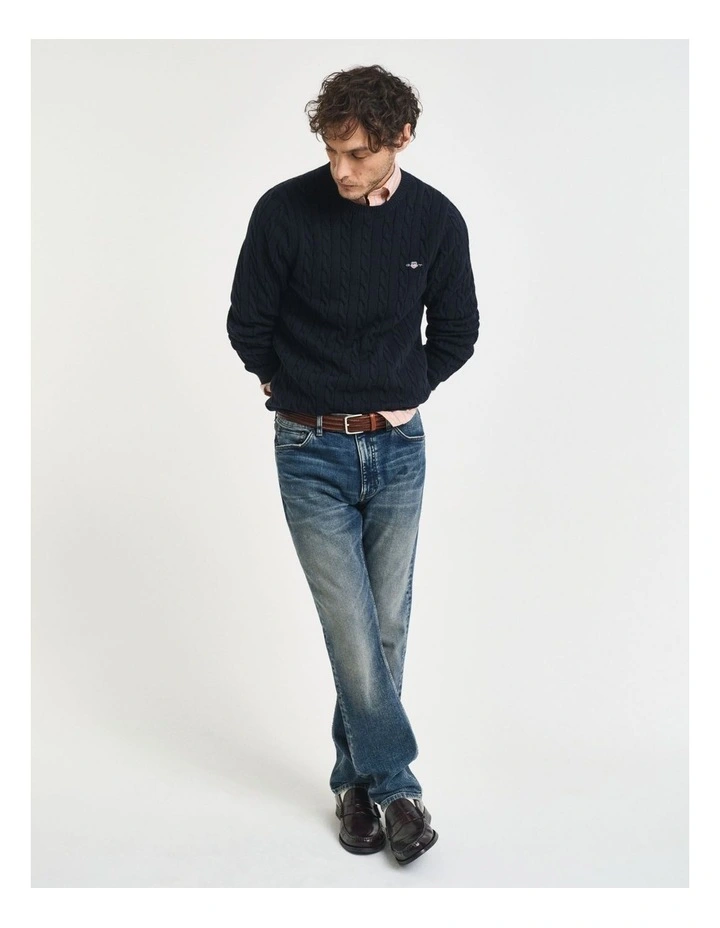 Cotton Cable Knit Crew Neck Sweater in Evening Blue image 4