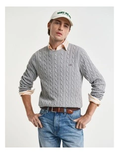 Cotton Cable Knit Crew Neck Sweater in Grey Melange