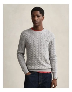 Cotton Cable Knit Crew Neck Sweater in Grey Melange