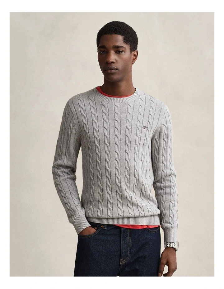 Cotton Cable Knit Crew Neck Sweater in Grey Melange image 1