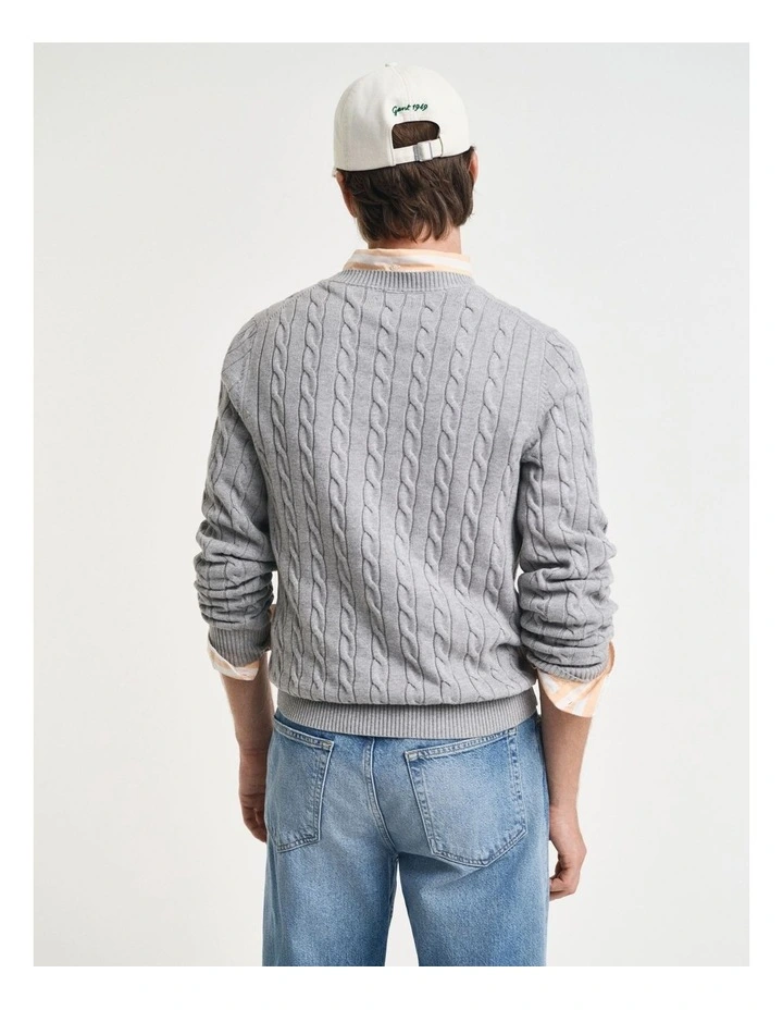 Cotton Cable Knit Crew Neck Sweater in Grey Melange image 2