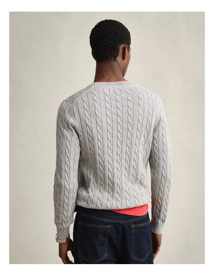 Cotton Cable Knit Crew Neck Sweater in Grey Melange image 2