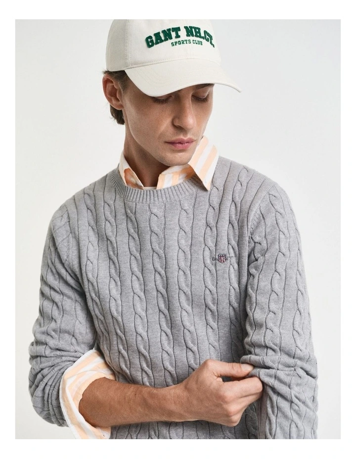 Cotton Cable Knit Crew Neck Sweater in Grey Melange image 3