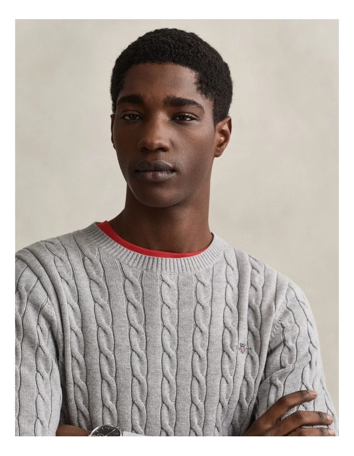 Cotton Cable Knit Crew Neck Sweater in Grey Melange image 3