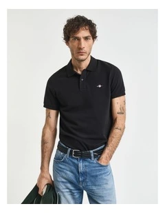 Slim Fit Shield Pique Polo Shirt in Black